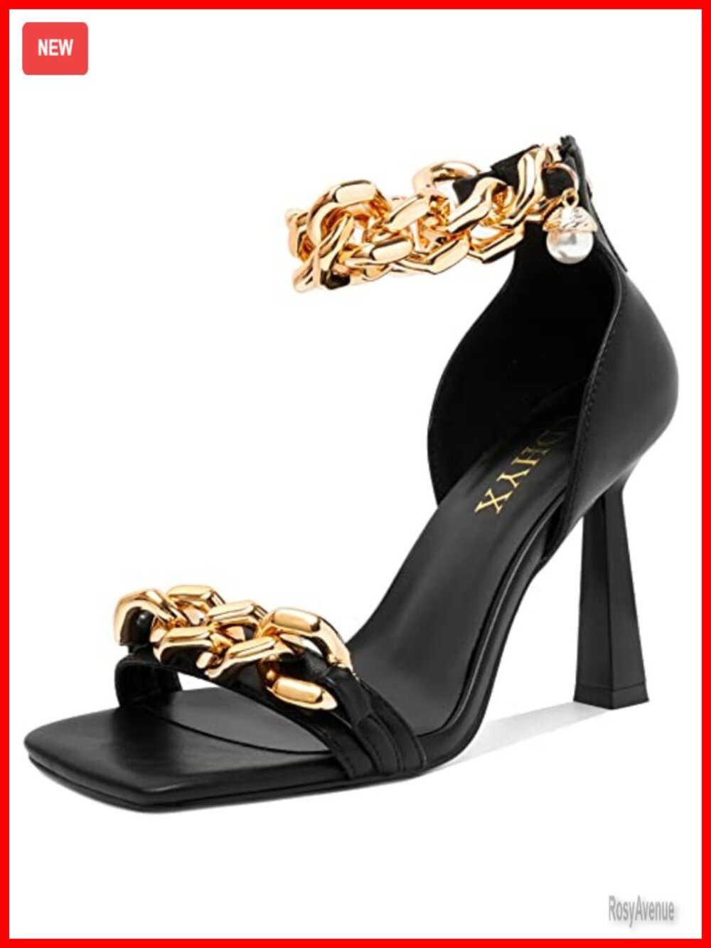 Women's Stiletto Heel Sandals Square Open Toe Chain and Pearl Accents
